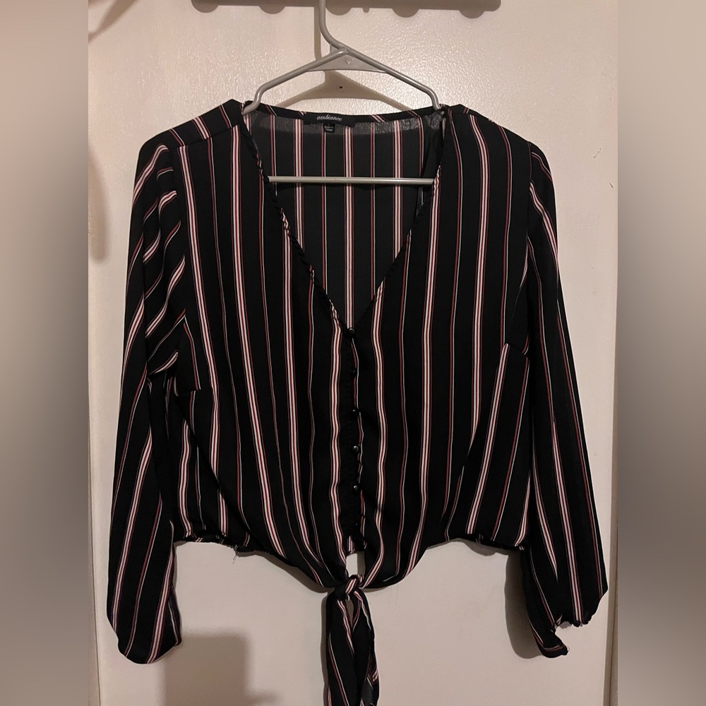 Ambiance Black and White V-Neck Blouse with 3/4 Sleeves and Tie Front